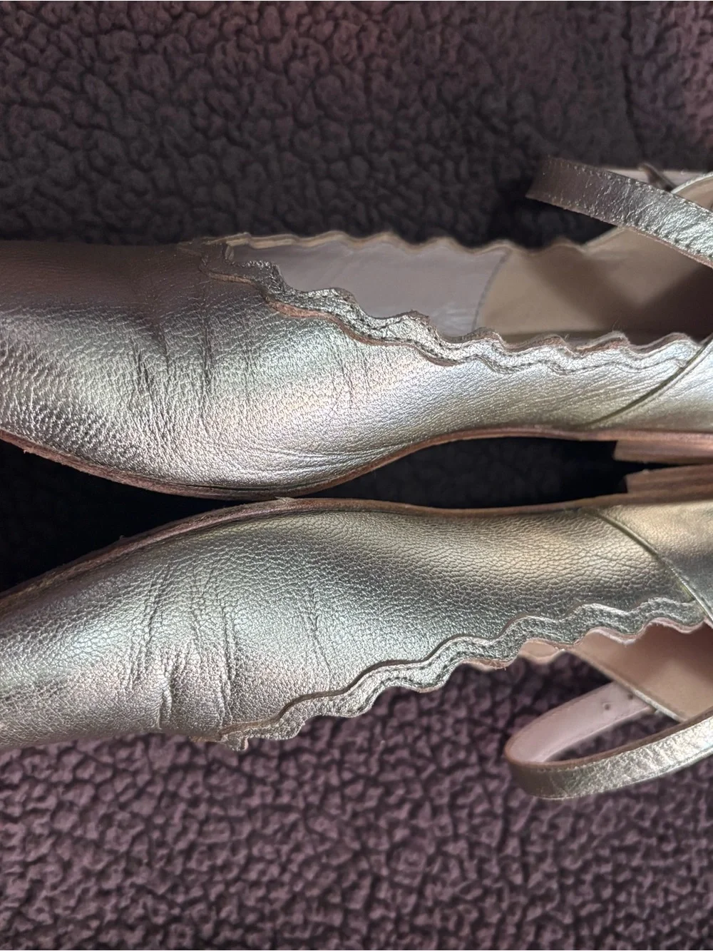 Chloé Metallic Rose Gold Scalloped Ballet Flats with Ankle Strap